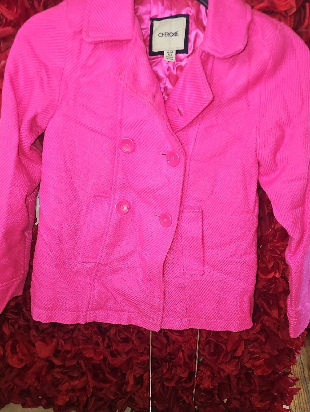 Cherokee Girls' Neon Pink Double-Breasted Corduroy Peacoat Size 7/8